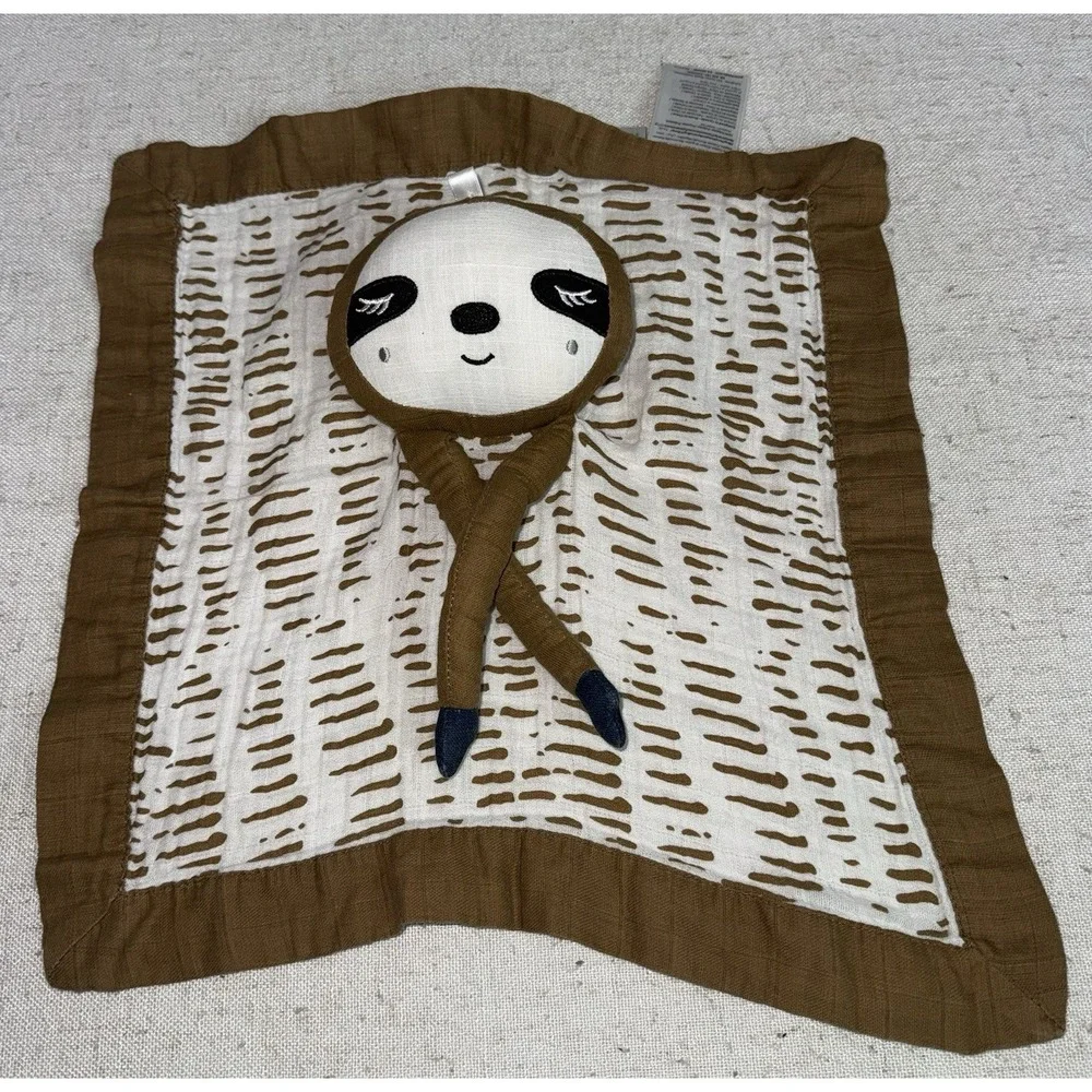 Lulujo Sloth Security Baby Blanket Brown & White‎ Muslin Cotton Lovey
